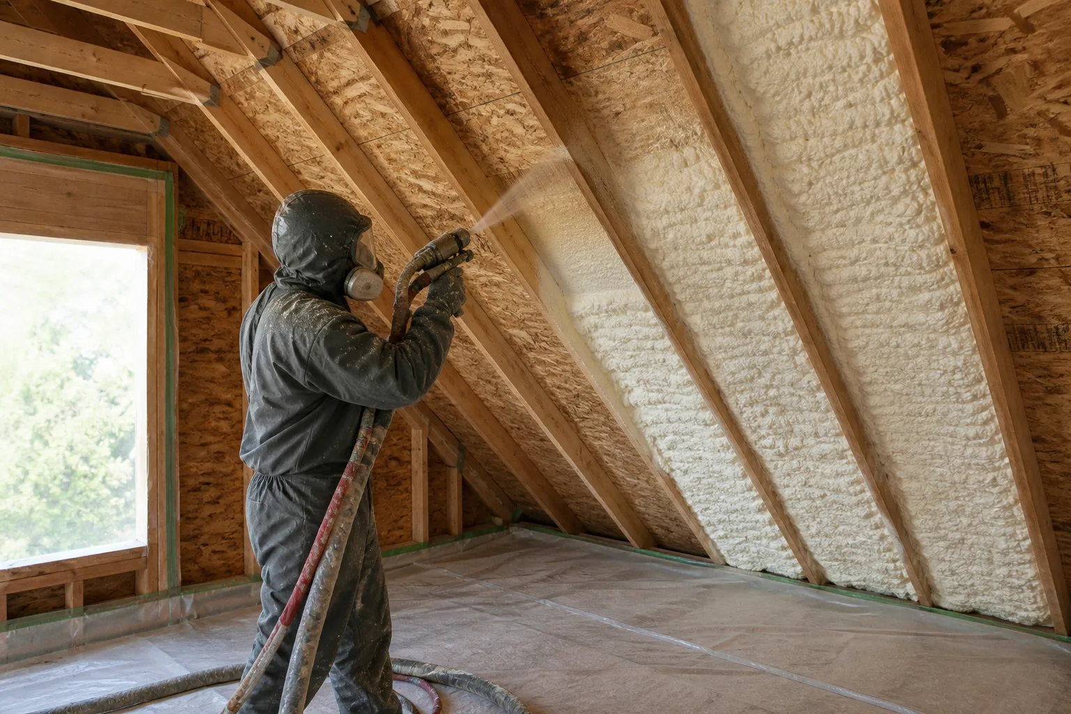 Professional spray-foam application at an attic roofline