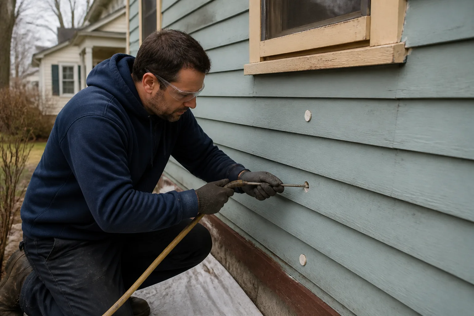 Injection-foam retrofit through controlled exterior wall access points