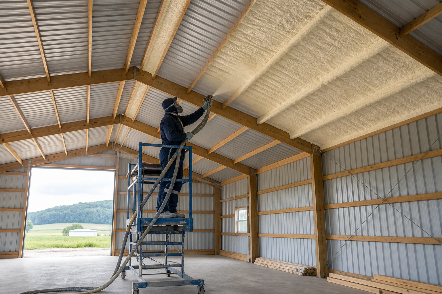 Professional spray-foam application below a metal pole-barn roof